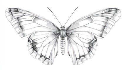Detailed butterfly illustration in black and white against a clean white backdrop