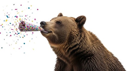 bear with a party noise maker in it's mouth, celebration, fun, on a white background, animal photo, blowing