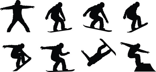 Obraz premium Set of Black Snowboarder Silhouettes Performing Dynamic Stunts, Jumps, and Extreme Winter Sport Action Poses on White Background Collection for Ski 