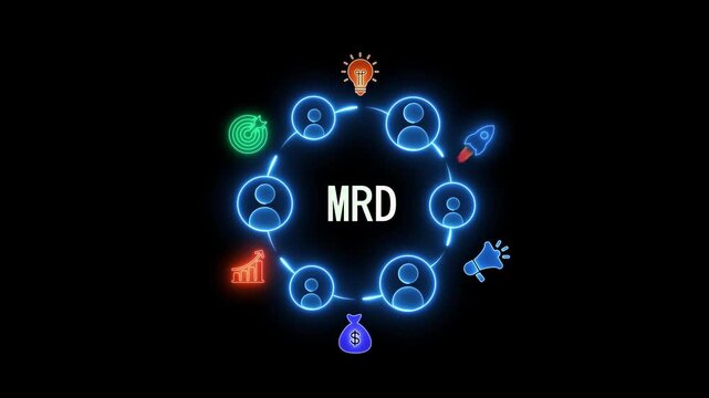 Neon Circle Diagram with MRD Text and Business Icons on Black Background Keywords: MRD, market, research, development, business, strategy, concept, diagram, circle, neon, glowing, blue