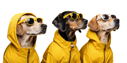 Cool Canine Trio: Three stylish dogs don sleek sunglasses and vibrant yellow raincoats, exuding confidence and charm as they pose together.