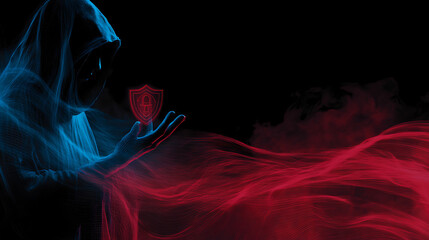 Hooded figure holding digital shield with red data flow lock symbol blue light