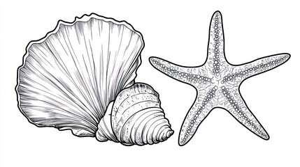 Detailed illustration of seashells and starfish isolated on white background
