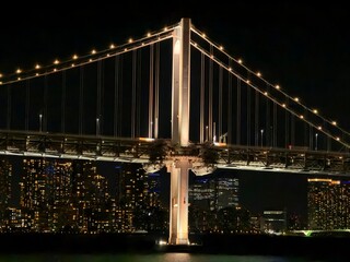 Rainbow Bridge and Tokyo Odaiba Night Skyline Seen from a Ferry to Izu Oshima, Tokyo, Japan