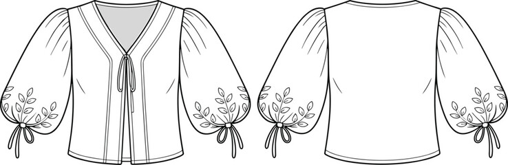 Women’s blouse fashion design, technical flat sketch, vector illustration, CAD drawing, apparel template, clothing pattern, garment construction, puff sleeve style