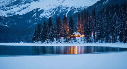 Serene winter landscape with snowy mountains and lake