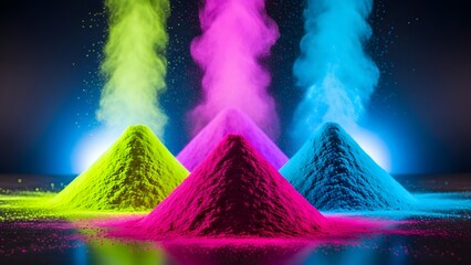 Vibrant colored powder pyramids with rising smoke