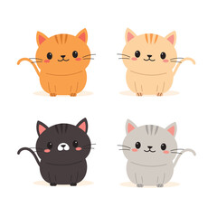 Cute cat characters set. Adorable cartoon kittens in different colors, orange, beige, black, and grey. Sweet feline pet vector illustration collection for kids.