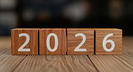 Happy New Year 2026 Displayed with Wooden Number Blocks &ndash; Year Change, Countdown and Fresh Start Holiday Concept on Table