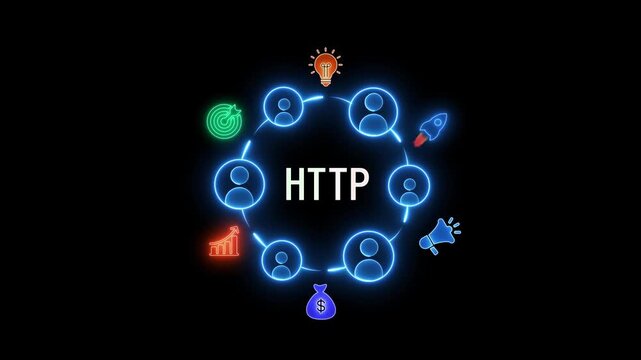 Neon HTP Icon Circle With Business Growth And Teamwork Symbols On Black Background HTTP hypertext transfer protocol