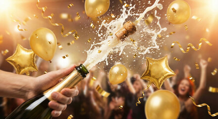 Dramatic shot of a champagne cork popping and sparkling wine spraying over a celebratory crowd with gold balloons and confetti.