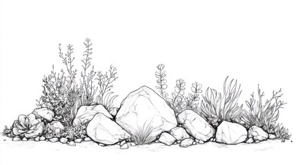 Line art illustration of stones and plants for landscape design element