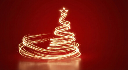 Abstract graphic Christmas tree made of glowing golden light trails on a deep red background.