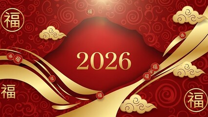 Vibrant red and gold 2026 graphic design with chinese characters and clouds, symbolizing good fortune and prosperity in the new year