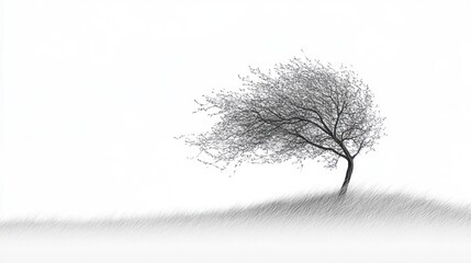 Lone tree silhouette against a white backdrop emphasizing wind and movement