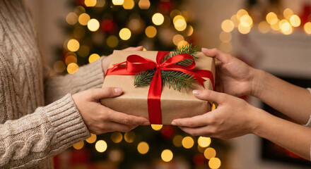 Hands Exchanging Christmas Gift with Bokeh Tree Background