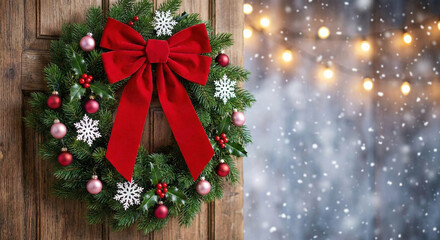 Christmas Wreath with Red Bow on Wooden Door
