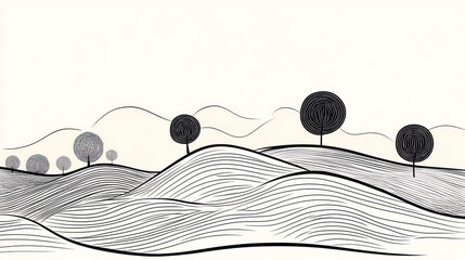 Minimalist landscape illustration featuring stylized rolling hills and trees in graphic style