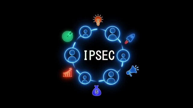 IPSEC acronym in a glowing blue circle with icons representing business and technology concepts on a black background Keywords: IPSEC, acronym, business, technology, network, security