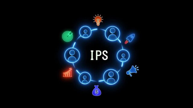 IPS acronym in a glowing blue circle with icons representing business and technology concepts on a black background Keywords: IPS, acronym, business, technology, network, connection