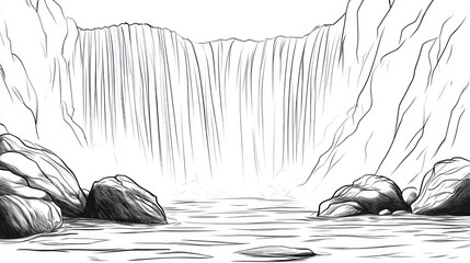 Monochrome waterfall illustration with rocks and water scenery