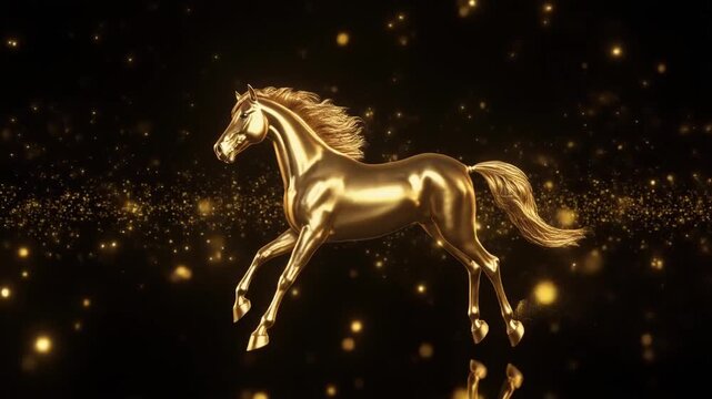 2026年　年賀用　黄金の馬が走る豪華な新年の祝賀動画　高画質　黒い背景と金の光のフレア  2026 New Year's Greeting Video: A Gorgeous Golden Horse Running. High-Quality. Black Background with Golden Light Flares.