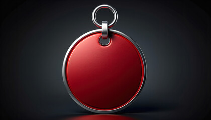 Blank red circular metal tag with silver ring on dark background, A single, empty, round, red metal tag with a polished silver border and a silver ring for attachment, isolated on a dark background