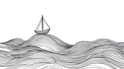 Sailboat on abstract waves minimalist black and white vector illustration