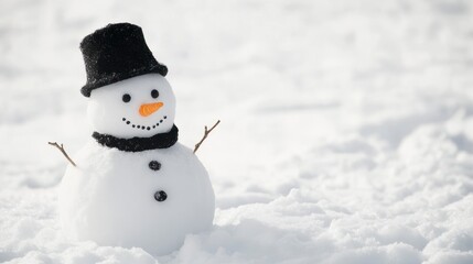 Snowman with black hat and scarf standing in fresh snow