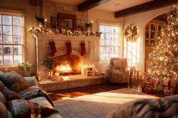 Cozy Christmas living room with a roaring fireplace, decorated tree, and snow falling outside, digital background for ms teams, digital background, zoom background