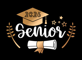 Elegant graduation vector illustration with Senior 2026 lettering mortarboard cap diploma and decorative elements on dark background. Ideal for education themed posters apparel greeting cards banners 