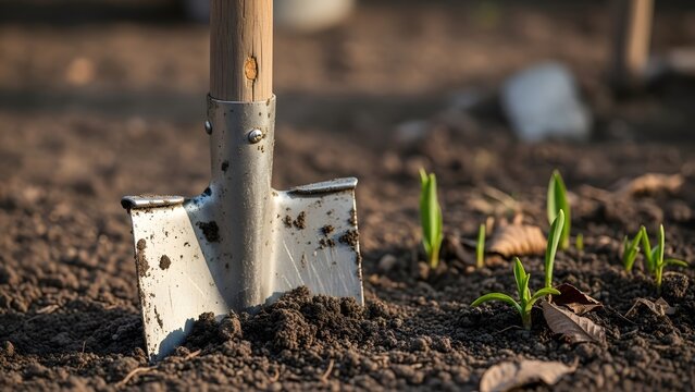A single garden shovel partially embedded in soil, early spring gardening
