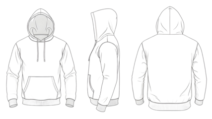 Three views of a blank white hoodie outline front back and side design
