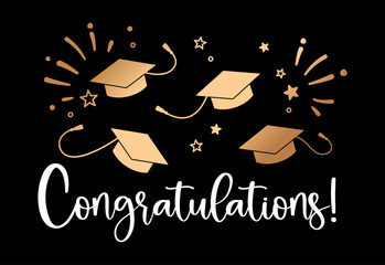 Festive graduation vector illustration with Congratulations lettering flying graduation caps and decorative stars on dark background. Perfect for greeting cards posters apparel prints gifts banners 