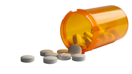 White pharmaceutical medicine bottle with orange prescription pills and white capsules for medical treatment of illness or pain relief isolated on a plain background