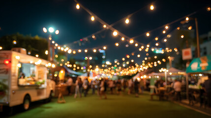 Nighttime outdoor market with food truck and string lights blurred