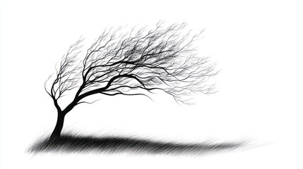 Obraz premium Silhouette of a bare tree blowing in the wind against a white background