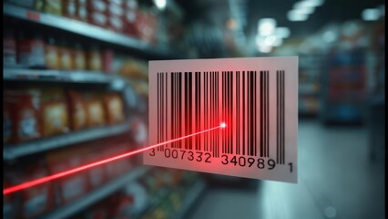 Red laser scans barcode in a grocery store aisle, focusing on automated inventory check