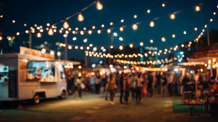 Outdoor evening gathering with food trucks and string lights image