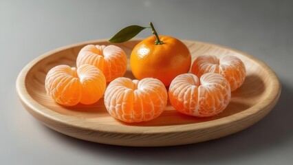 Ripe tangerines, peeled segments, and one whole fruit with a leaf, arranged on a wooden plate