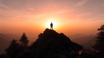 Silhouette of person standing atop mountain peak against fiery sunset, scenic vista