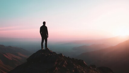 Silhouette of a person on a mountain peak at sunset, overlooking the expansive scenery