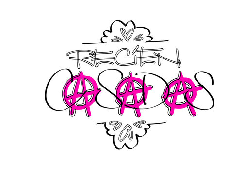 Lettering de Reci&eacute;n Casadas estilo anarqu&iacute;a punk para boda LGTBI. Ilustraci&oacute;n a mano rosa y negro de matrimonio entre mujeres, amor libre y activismo por los derechos de la diversidad.