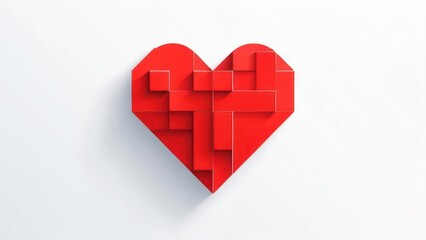 Red heart composed of geometric blocks, cast shadow, against a white background