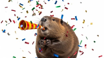 beaver with a party noise maker in it's mouth, celebration, fun, on a white background, animal photo, blowing
