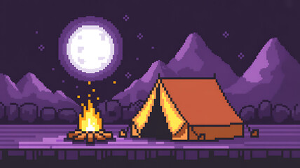 Retro pixel art illustration of peaceful night camping scene featuring warm campfire bright full moon and tent under starry sky