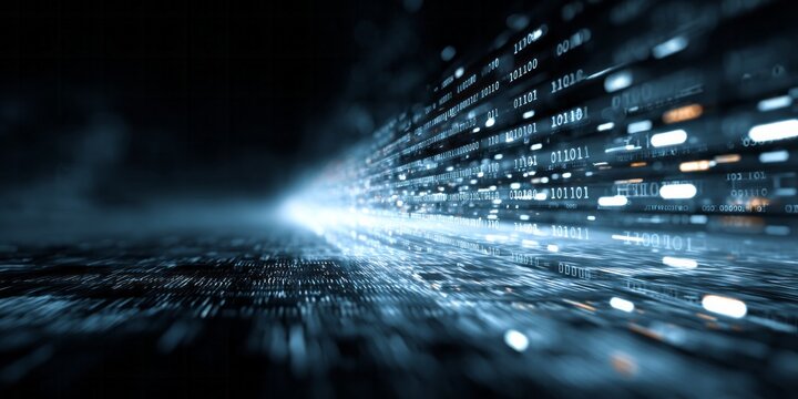 Digital information stream moves rapidly through a dark, abstract environment - Powered by Adobe