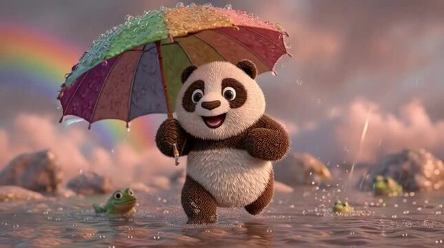 Happy Cartoon Panda With Umbrella Splashing In Rain Under Rainbow