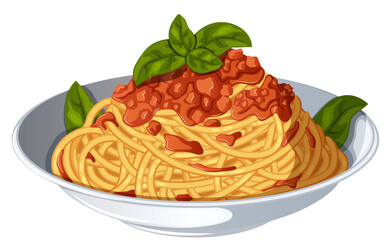 Italian Spaghetti al Pomodoro Pasta in a White Bowl Plate Garnished with Fresh Basil Leaves Isolated Vector Illustration