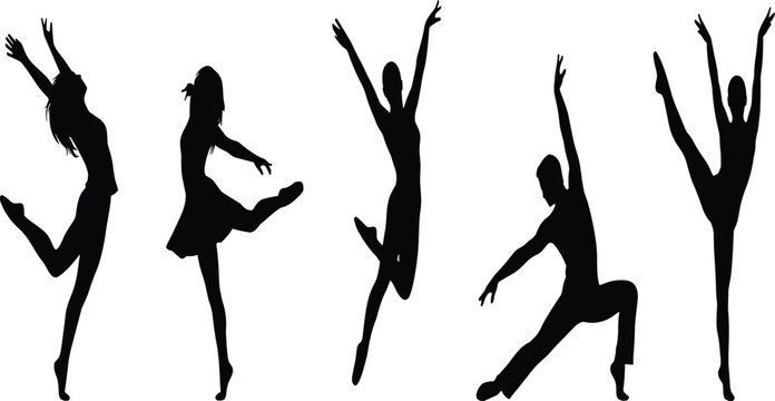 Collection of black dance silhouettes featuring ballet, contemporary, and jazz dancers jumping, leaping, and performing graceful poses on white background, isolated.
